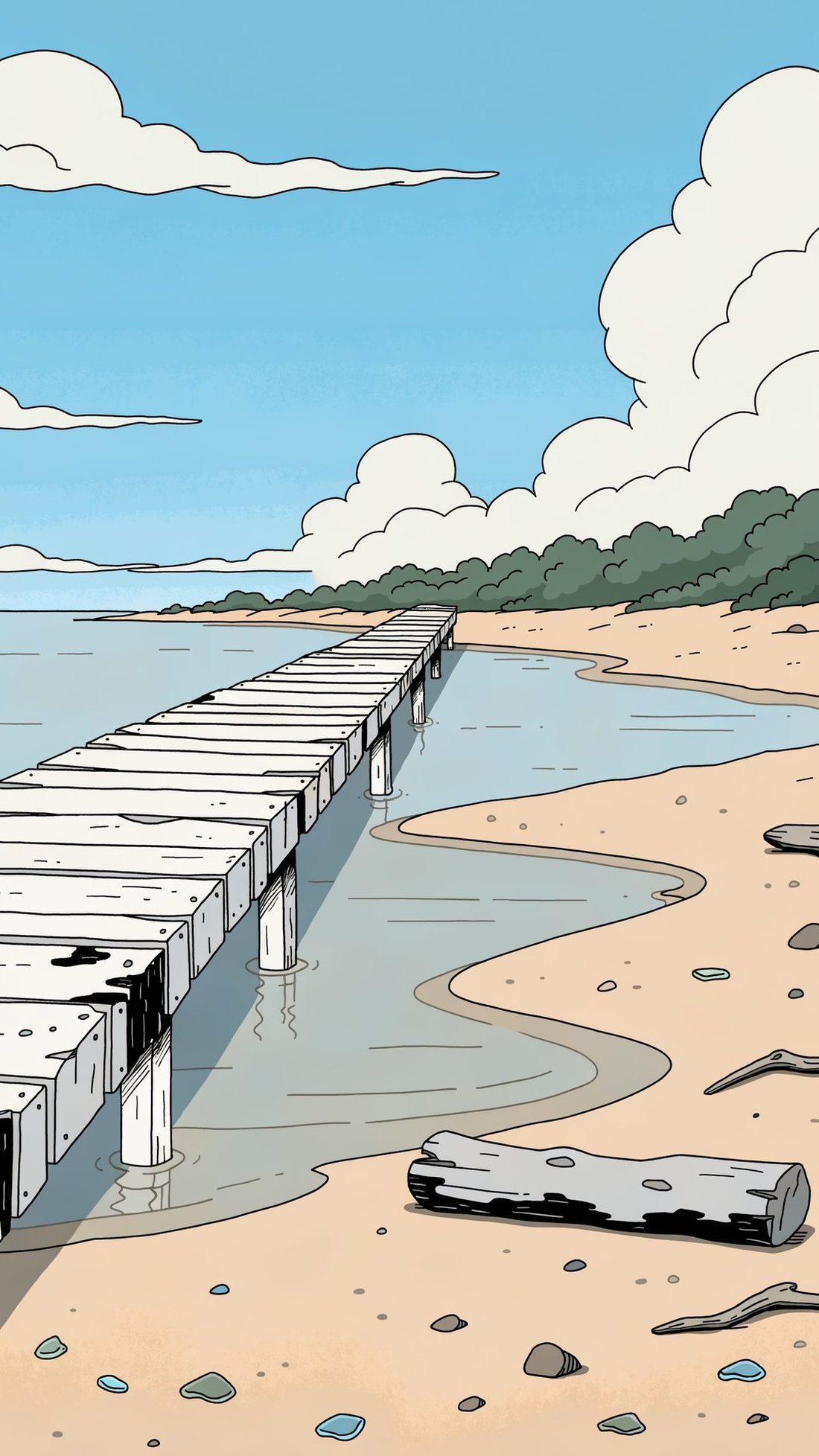 A wooden boardwalk running out over calm water