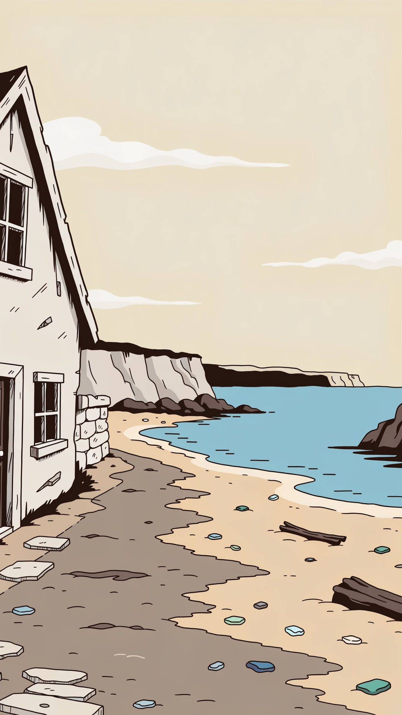 A white cottage beside a quiet harbor beach
