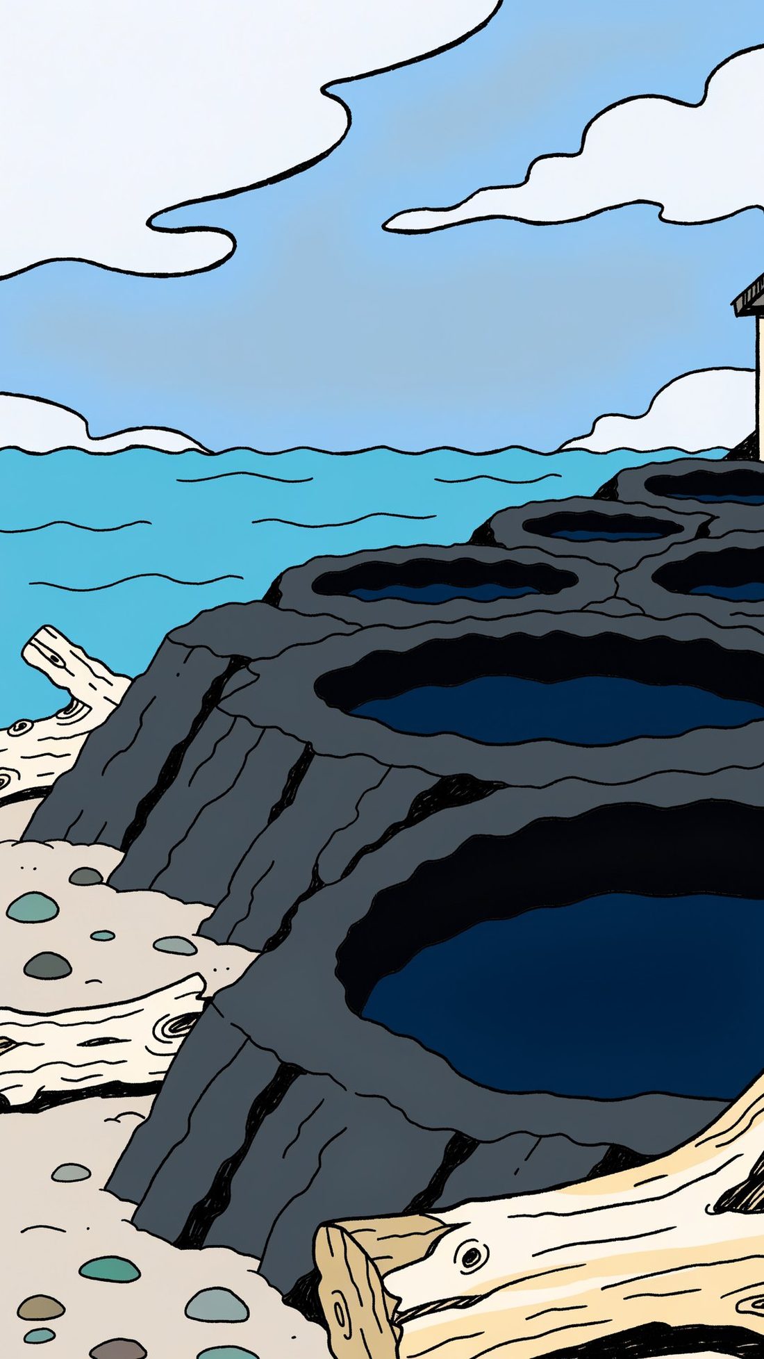 Dark tide pools in a rock shelf above the sea