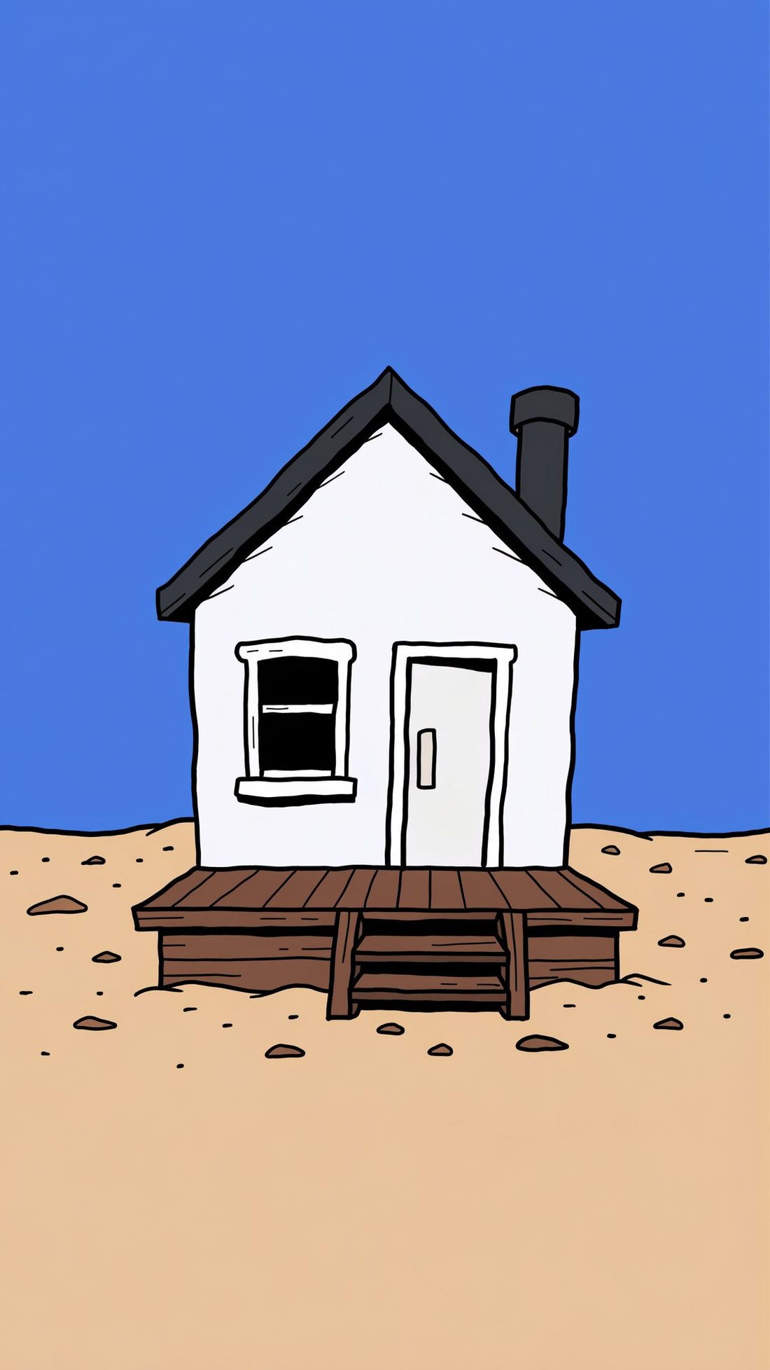 White cottage with a wooden porch on the sand